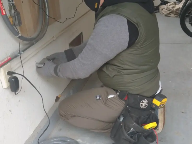 Electrician performing outlet wiring in a Leavenworth garage